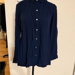 Womens Blouse J. JILL navy rayon button-down round collared long sleeve-S Petite